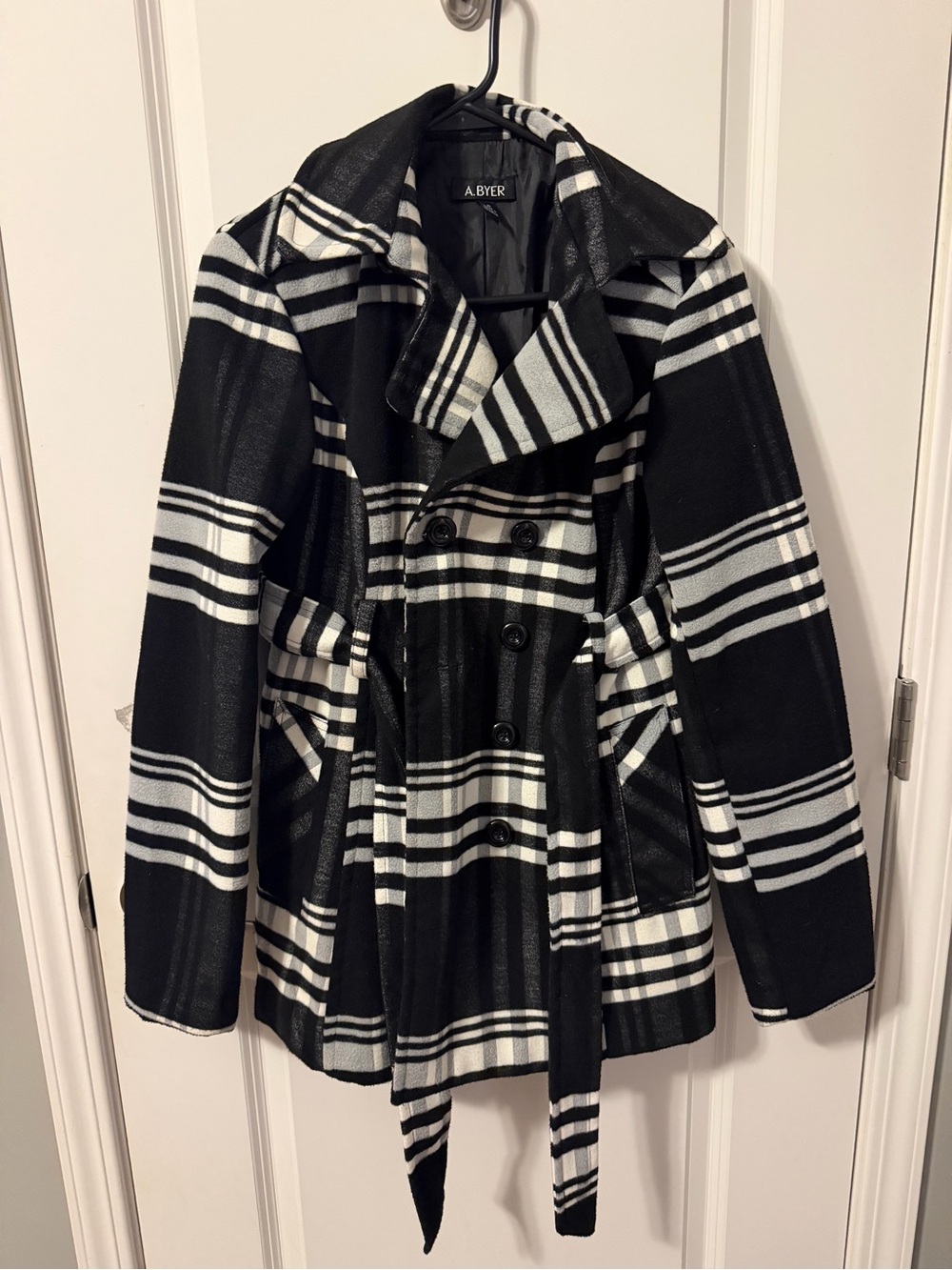 A. Byer Black and White Plaid Double-Breasted Peacoat with Belt